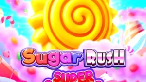 Tampilan visual permainan slot Sugar Rush Super Scatter dengan tema permen warna-warni.
