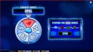 Tampilan visual mesin slot 777 Wheel Blitz dengan simbol permata dan roda bonus neon.