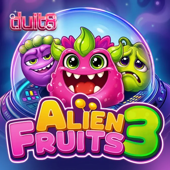 Tampilan visual grid 6x5 pada slot Alien Fruits 3 dengan karakter buah alien yang ceria